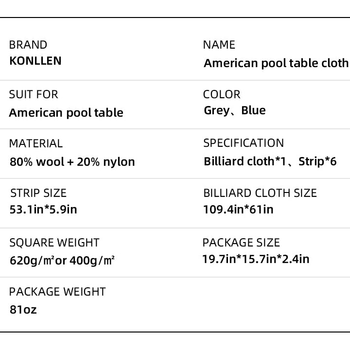 KONLLEN 9' Pool Table Felt with 6 Cloth Strips Blue