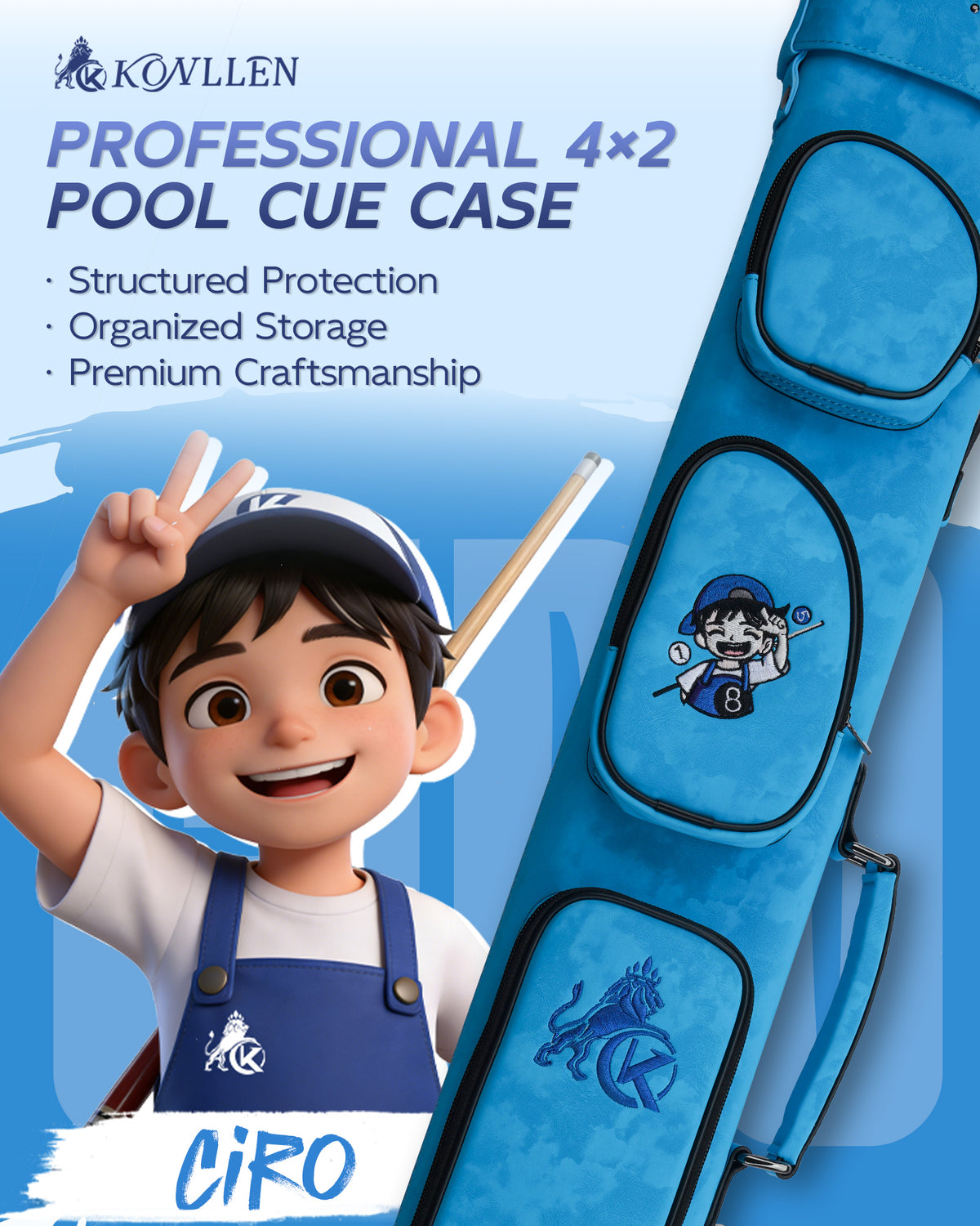 KONLLEN Nova Series 2x4 Pool Cue Case – 2 Butts & 4 Shafts - Blue
