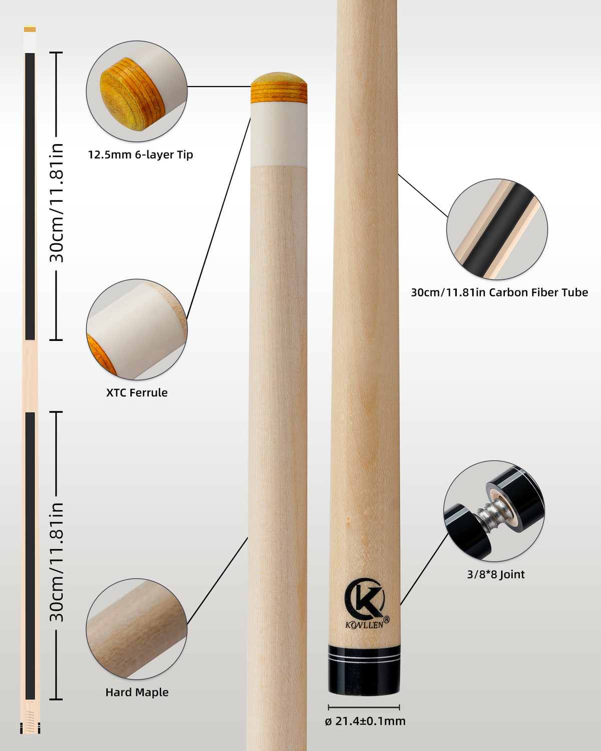 KONLLEN Maple Shaft for Radial Uniloc Joint 12.5mm with Black Collar and Silver Ring