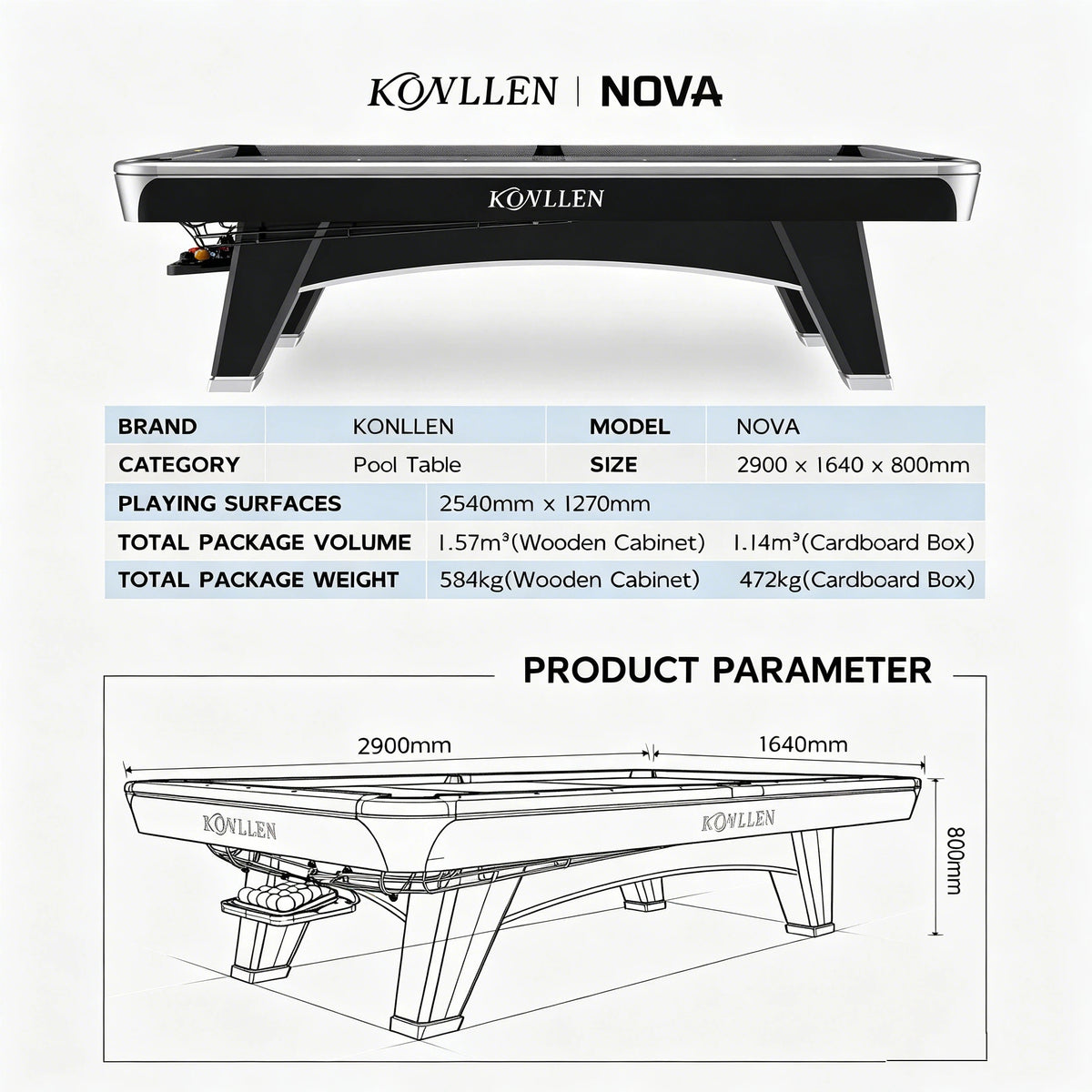 KONLLEN NOVA 9ft Billiard Pool Table, Professional Slate Bed Billiard Table for Competition & Club Use