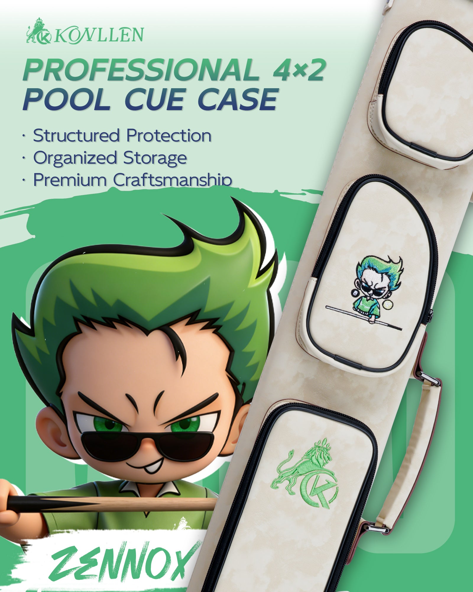 KONLLEN Nova Series 2x4 Pool Cue Case –  2 Butts & 4 Shafts - White