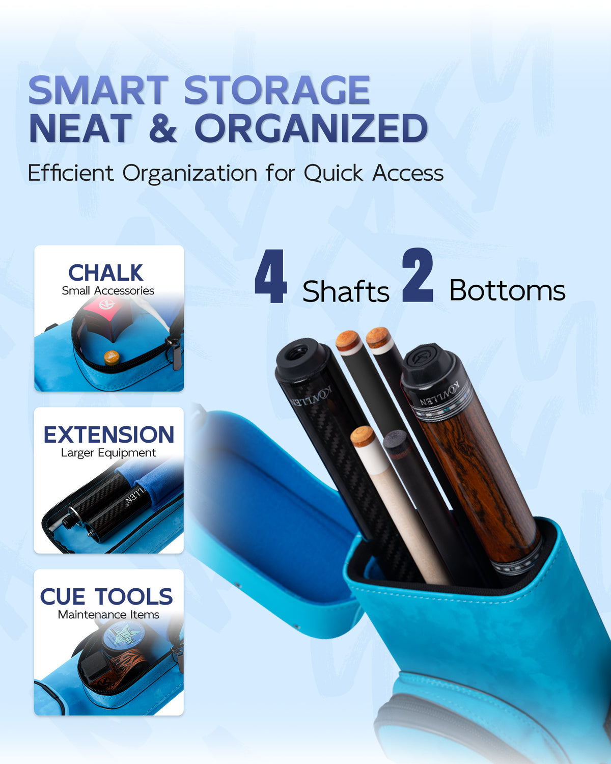 KONLLEN Nova Series 2x4 Pool Cue Case –  2 Butts & 4 Shafts - Blue