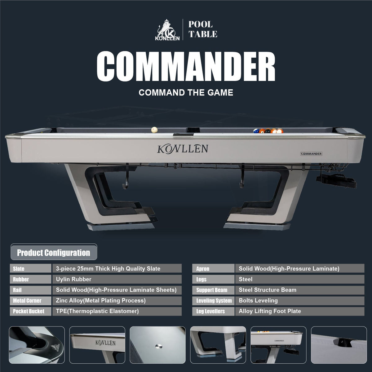 KONLLEN COMMANDER 9ft Billiard Pool Table, Professional Slate Bed Billiard Table for Competition & Club Use