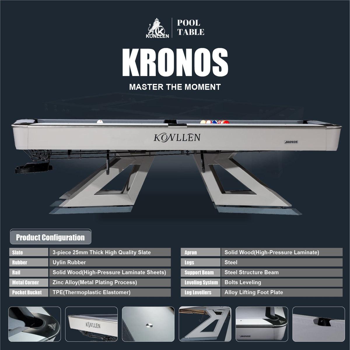 KONLLEN KRONOS 9ft Billiard Pool Table, Professional Slate Bed Billiard Table for Competition & Club Use