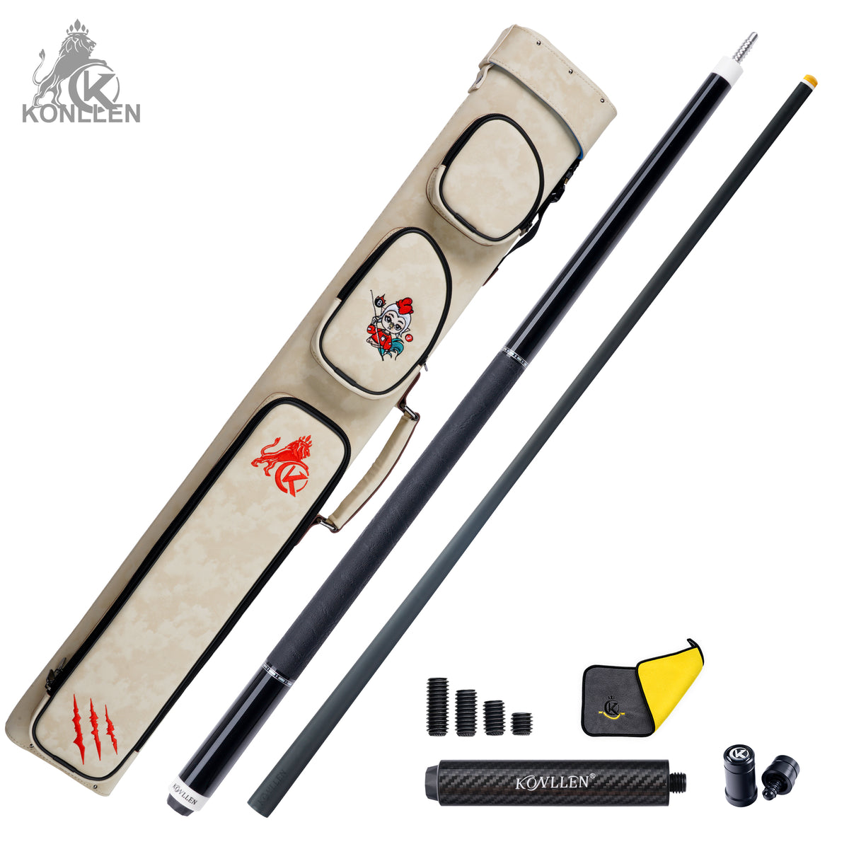 KONLLEN Nocturne-01 Low Deflection Carbon Fiber Pool Cue Ebony Handmade Inlay - Elephant Ear Pattern - 12.5mm